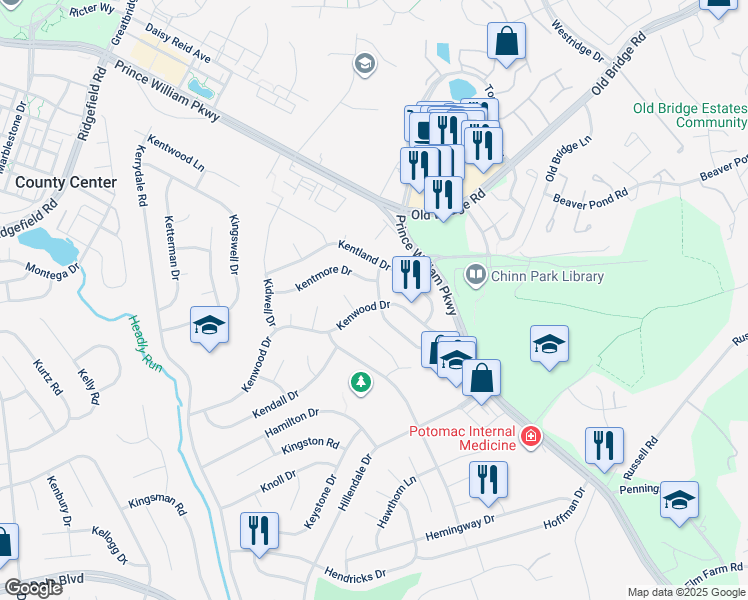 map of restaurants, bars, coffee shops, grocery stores, and more near 4400 Kenwood Drive in Woodbridge