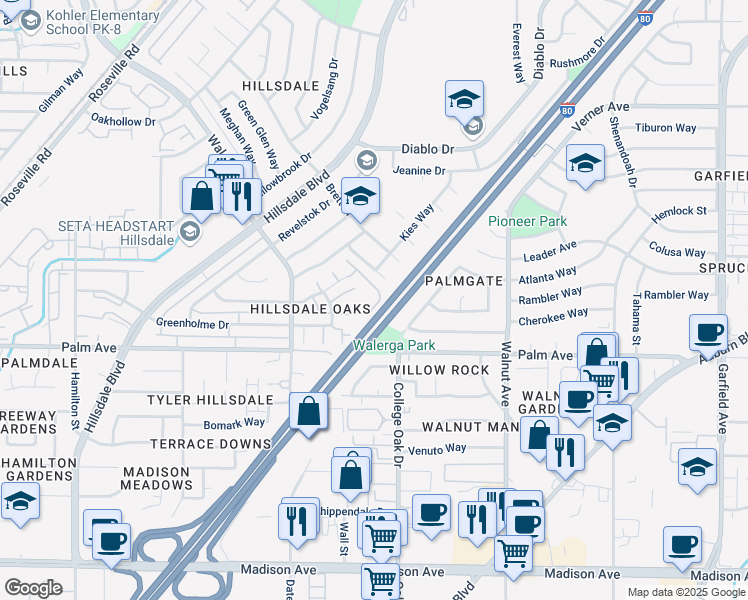 map of restaurants, bars, coffee shops, grocery stores, and more near 4752 Greenholme Drive in Sacramento