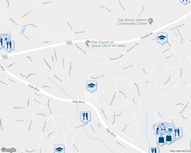 map of restaurants, bars, coffee shops, grocery stores, and more near 14009 Baneberry Circle in Manassas