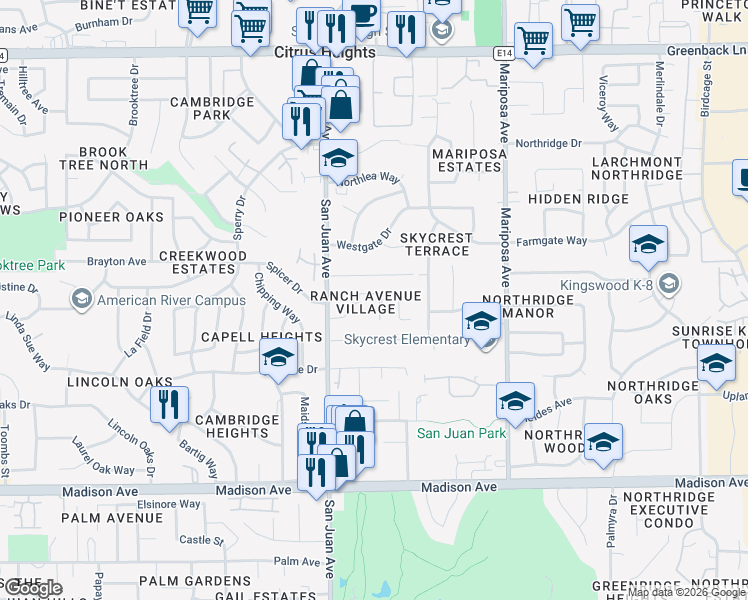 map of restaurants, bars, coffee shops, grocery stores, and more near 7512 Ranch Avenue in Citrus Heights