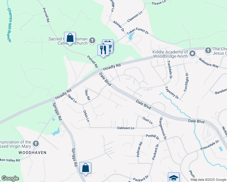 map of restaurants, bars, coffee shops, grocery stores, and more near 6244 Oscar Court in Woodbridge