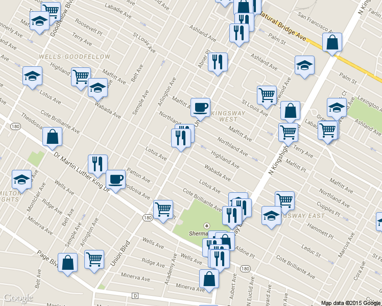 map of restaurants, bars, coffee shops, grocery stores, and more near 5255 Wabada Avenue in St. Louis