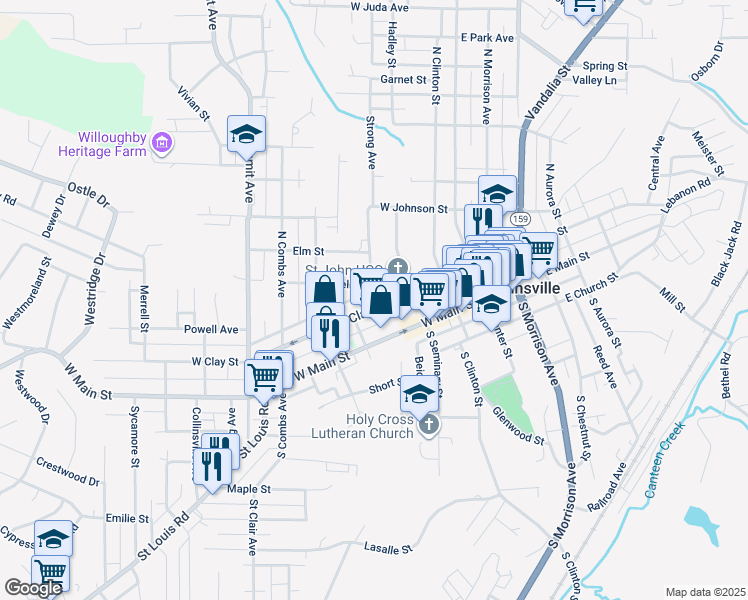 map of restaurants, bars, coffee shops, grocery stores, and more near 203 Goethe Avenue in Collinsville
