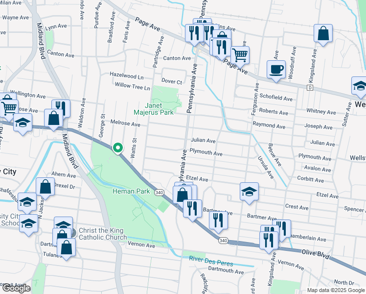 map of restaurants, bars, coffee shops, grocery stores, and more near 6947 Plymouth Avenue in University City