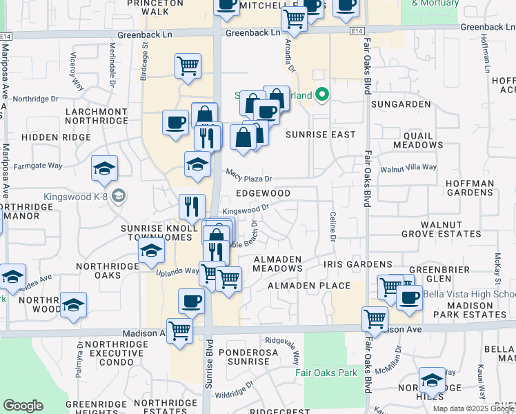 map of restaurants, bars, coffee shops, grocery stores, and more near 7945 Kingswood Drive in Citrus Heights