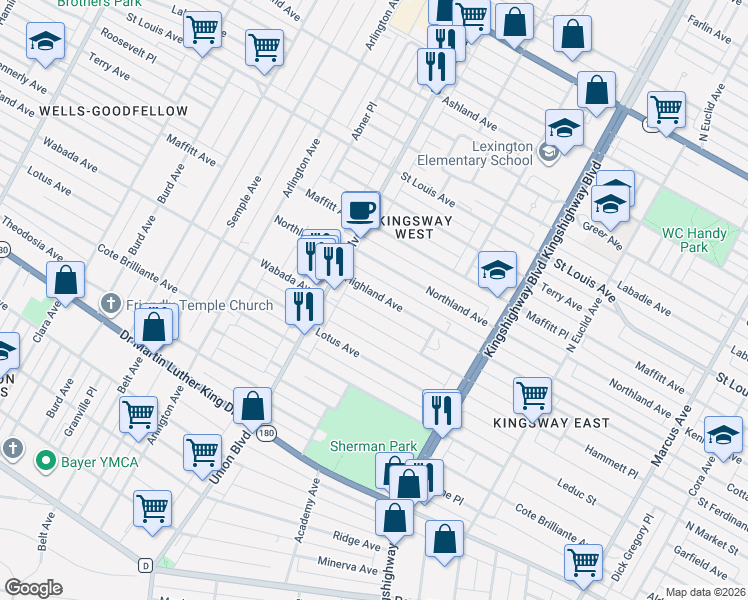 map of restaurants, bars, coffee shops, grocery stores, and more near 5220 Highland Avenue in St. Louis