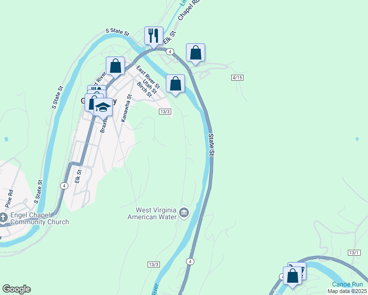 map of restaurants, bars, coffee shops, grocery stores, and more near 955 River St in Gassaway