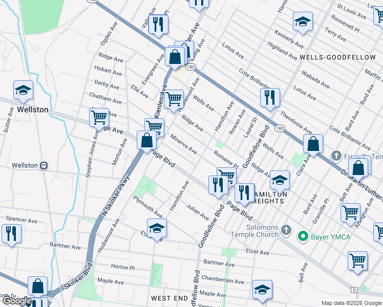 map of restaurants, bars, coffee shops, grocery stores, and more near 5937 Hamilton Terrace in St. Louis