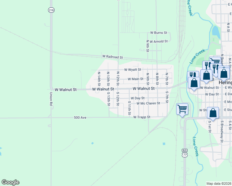 map of restaurants, bars, coffee shops, grocery stores, and more near 9 South 12th Street in Herington