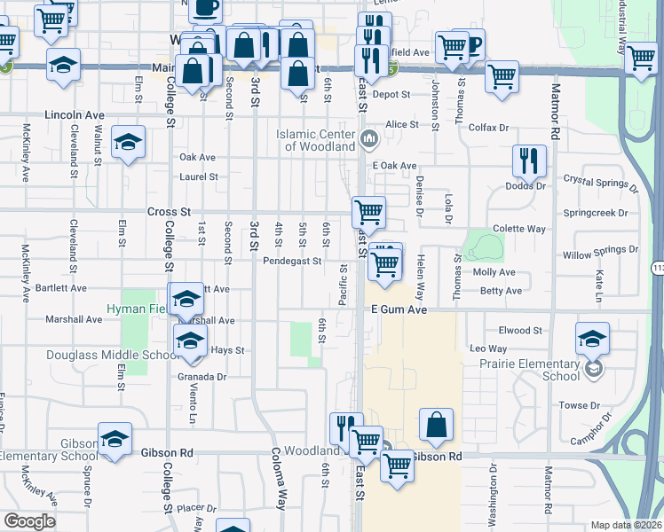 map of restaurants, bars, coffee shops, grocery stores, and more near 1032 Pendegast Street in Woodland