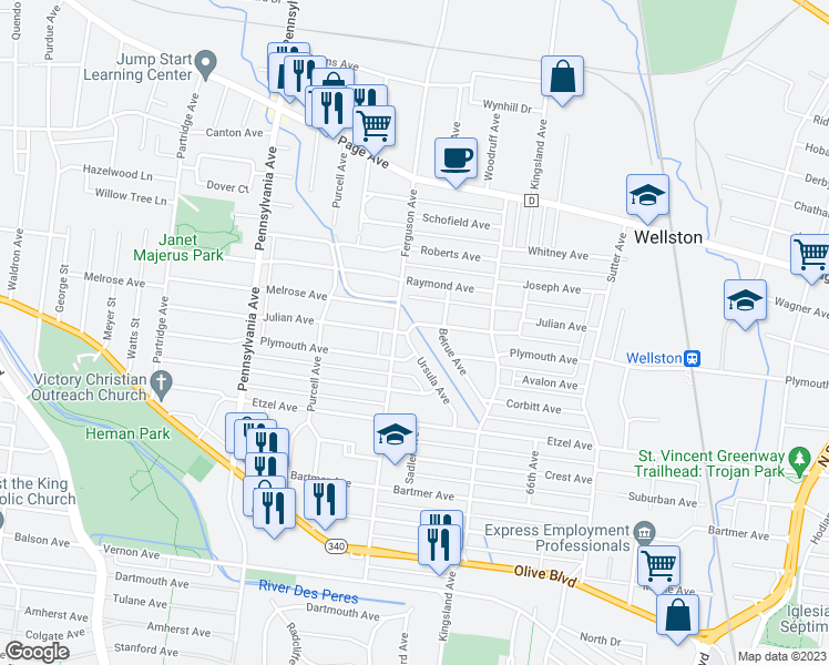 map of restaurants, bars, coffee shops, grocery stores, and more near 1186 Ursula Avenue in University City