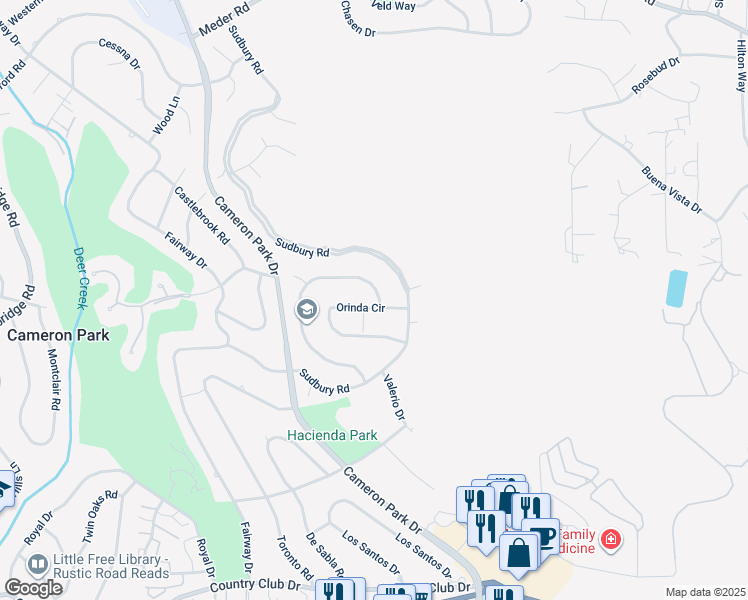 map of restaurants, bars, coffee shops, grocery stores, and more near 3397 Santos Circle in Cameron Park