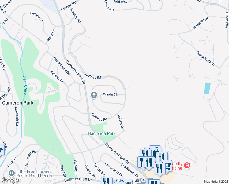 map of restaurants, bars, coffee shops, grocery stores, and more near 3397 Santos Circle in Cameron Park