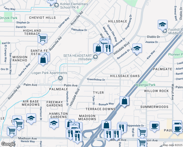 map of restaurants, bars, coffee shops, grocery stores, and more near 5612 Hillsdale Boulevard in Sacramento