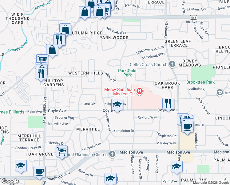 map of restaurants, bars, coffee shops, grocery stores, and more near 6344 Aslin Way in Carmichael