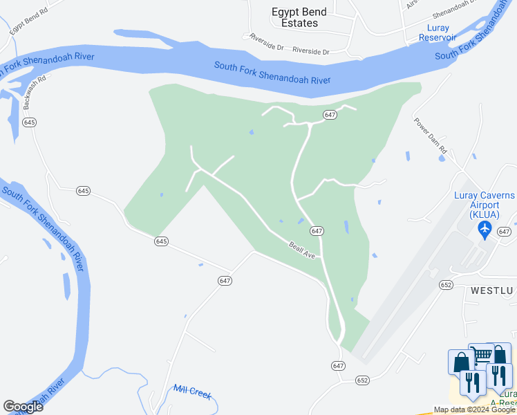 map of restaurants, bars, coffee shops, grocery stores, and more near 480 Beall Avenue in Luray
