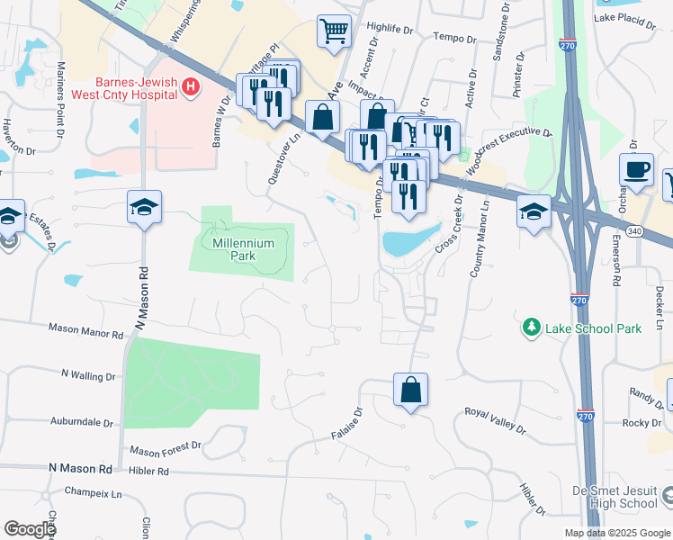 map of restaurants, bars, coffee shops, grocery stores, and more near 724 Questover Lane in Creve Coeur