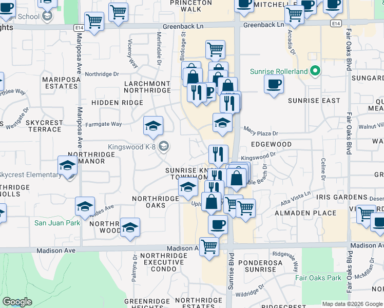 map of restaurants, bars, coffee shops, grocery stores, and more near 7825 Hampton Lane in Citrus Heights