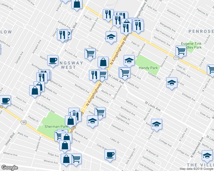 map of restaurants, bars, coffee shops, grocery stores, and more near 4948 Terry Ave in St Louis