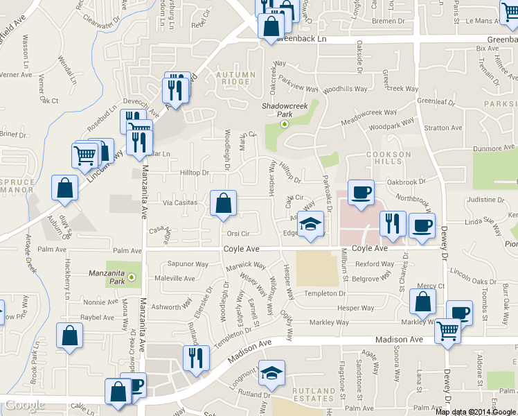 map of restaurants, bars, coffee shops, grocery stores, and more near 6218 Orsi Circle in Carmichael