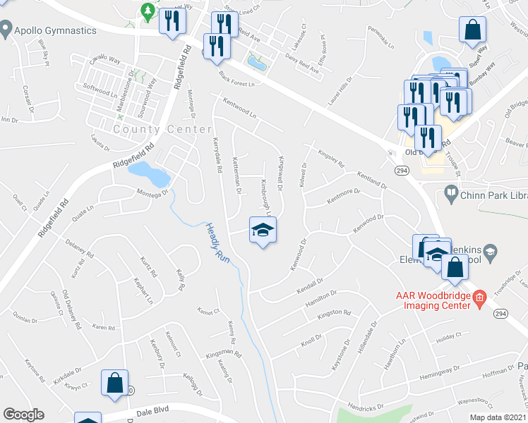 map of restaurants, bars, coffee shops, grocery stores, and more near 4701 Kettler Court in Woodbridge