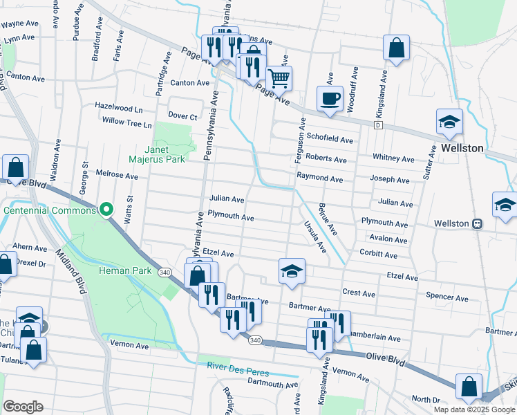 map of restaurants, bars, coffee shops, grocery stores, and more near 6844 Julian Avenue in University City