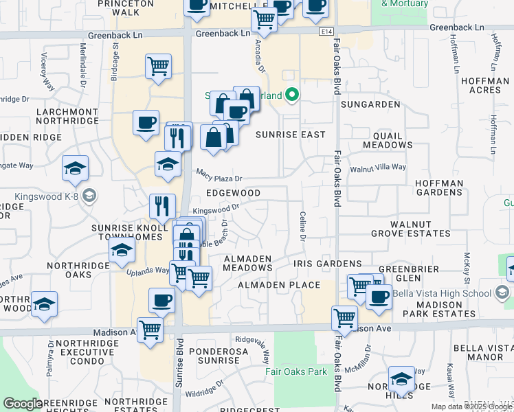 map of restaurants, bars, coffee shops, grocery stores, and more near 5771 Spyglass Lane in Citrus Heights