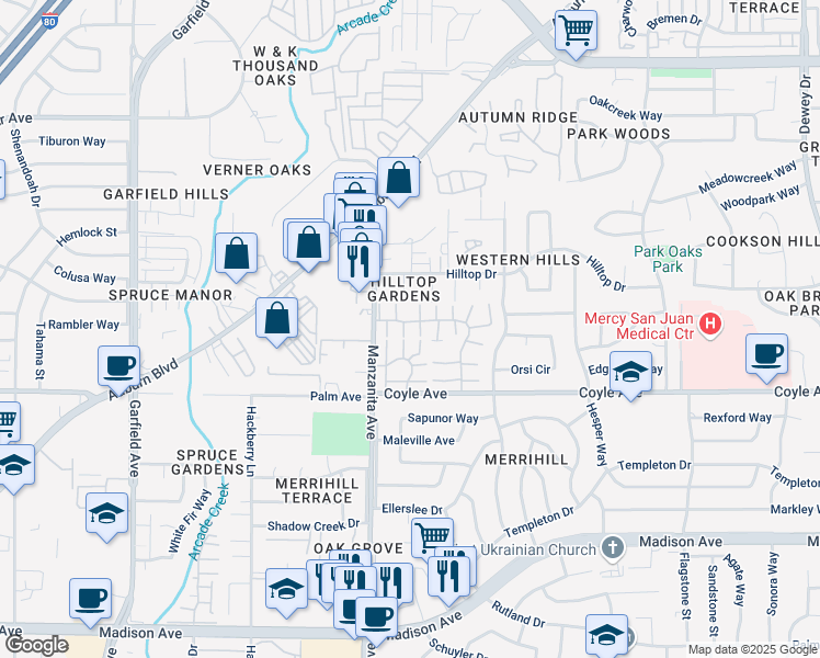 map of restaurants, bars, coffee shops, grocery stores, and more near 5943 Vía Casitas in Carmichael