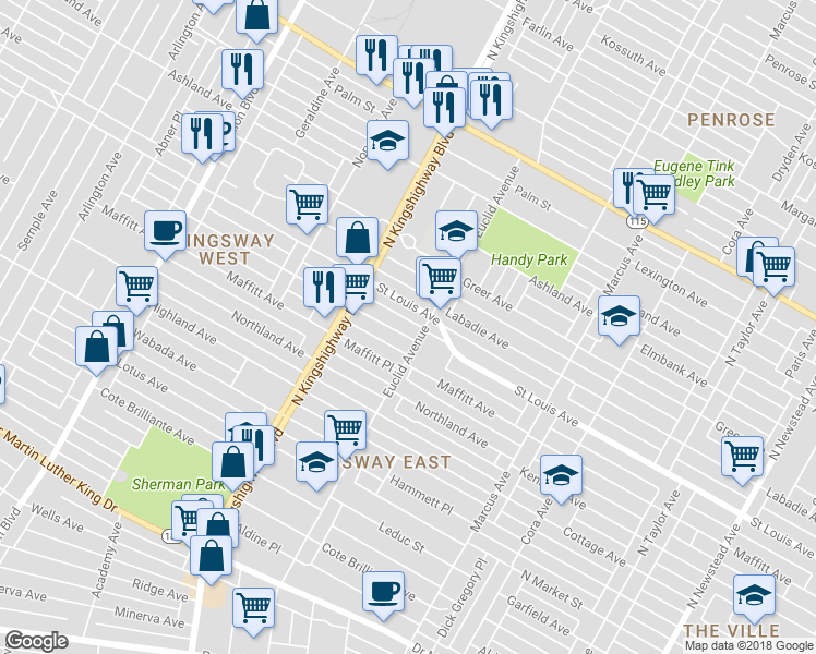map of restaurants, bars, coffee shops, grocery stores, and more near 4913 Terry Avenue in St. Louis