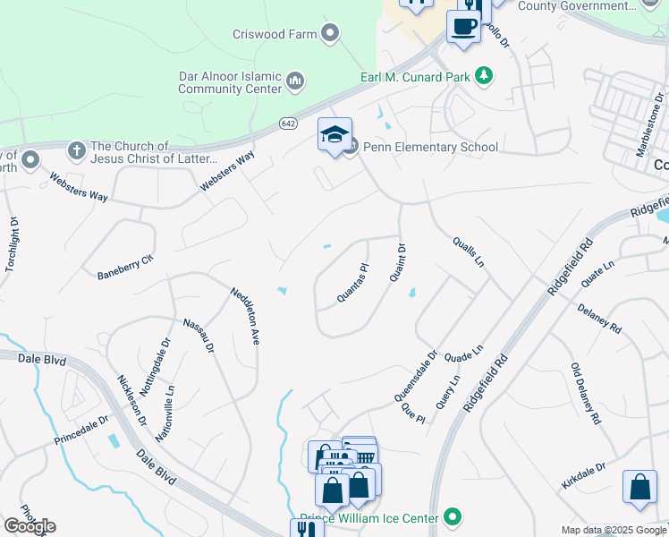 map of restaurants, bars, coffee shops, grocery stores, and more near 5425 Quaint Drive in Woodbridge