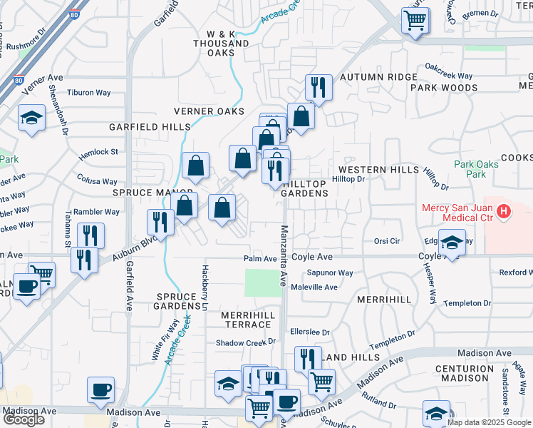 map of restaurants, bars, coffee shops, grocery stores, and more near 5701 Manzanita Avenue in Carmichael