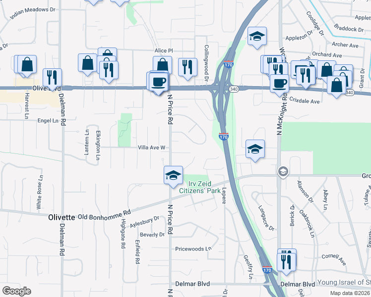 map of restaurants, bars, coffee shops, grocery stores, and more near 1 Villa Avenue East in St. Louis