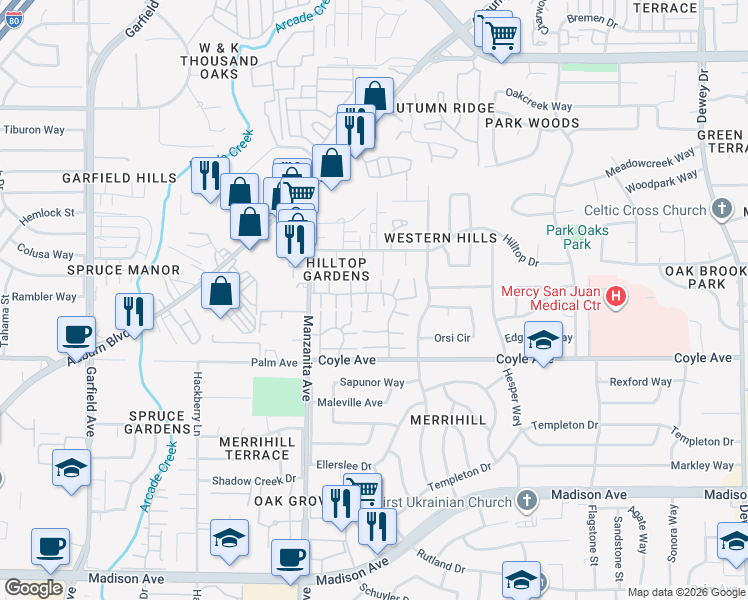 map of restaurants, bars, coffee shops, grocery stores, and more near 6003 Vía Casitas in Carmichael
