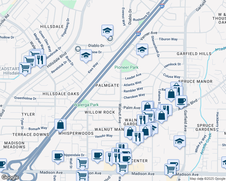 map of restaurants, bars, coffee shops, grocery stores, and more near 5039 Timbercreek Way in Sacramento