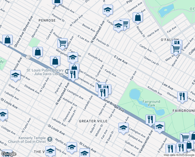 map of restaurants, bars, coffee shops, grocery stores, and more near 4201 San Francisco Avenue in St. Louis