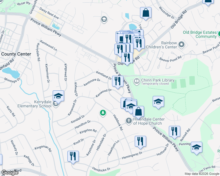 map of restaurants, bars, coffee shops, grocery stores, and more near 4324 Kenwood Drive in Woodbridge
