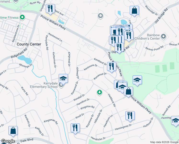 map of restaurants, bars, coffee shops, grocery stores, and more near 13000 Kerrman Court in Woodbridge