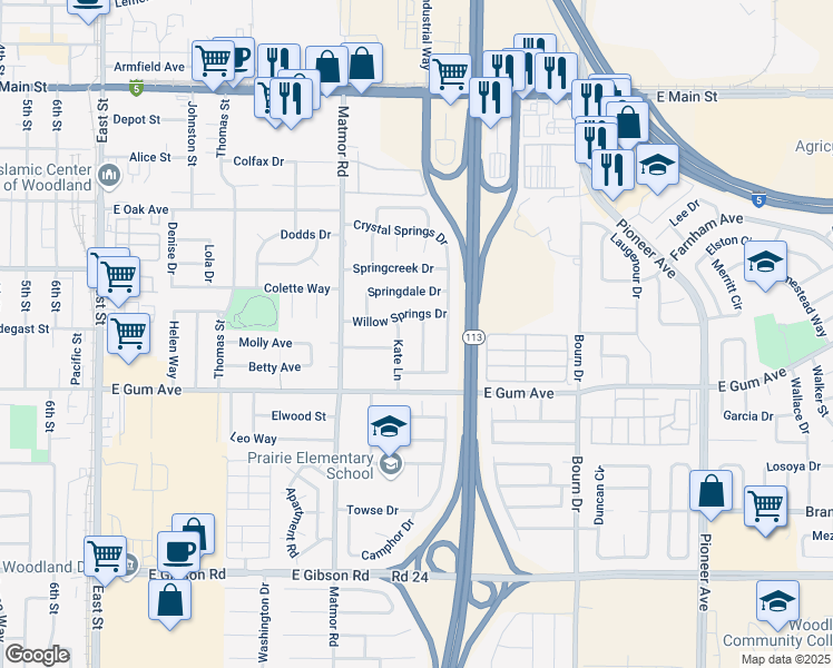 map of restaurants, bars, coffee shops, grocery stores, and more near 732 Brookside Drive in Woodland