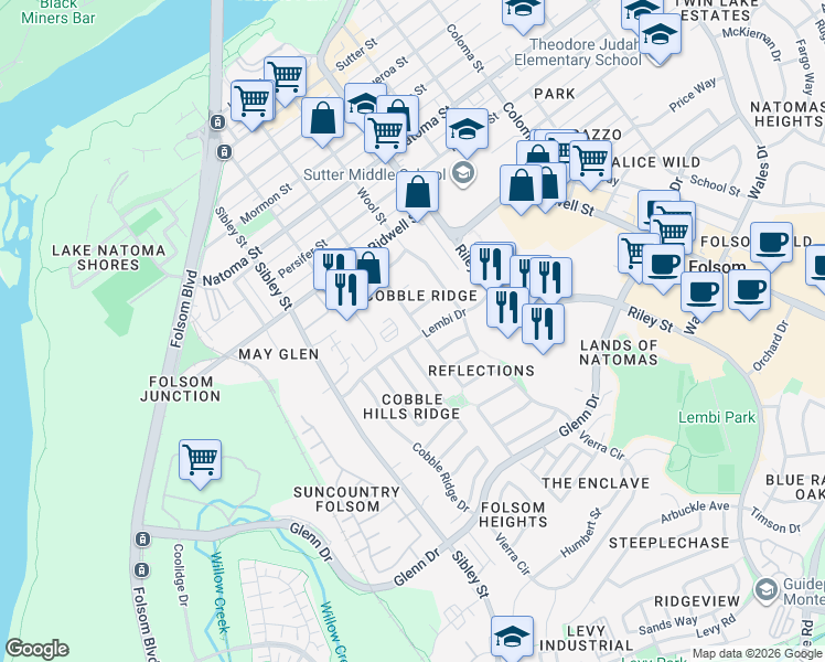 map of restaurants, bars, coffee shops, grocery stores, and more near 178 Oxburough Drive in Folsom