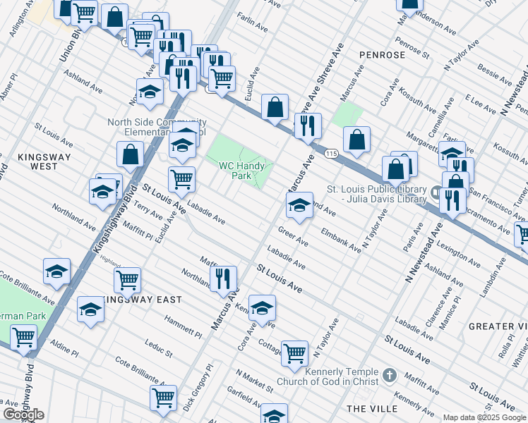 map of restaurants, bars, coffee shops, grocery stores, and more near 4725 Greer Avenue in St. Louis