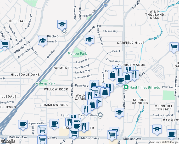 map of restaurants, bars, coffee shops, grocery stores, and more near 5216 Rambler Way in Sacramento