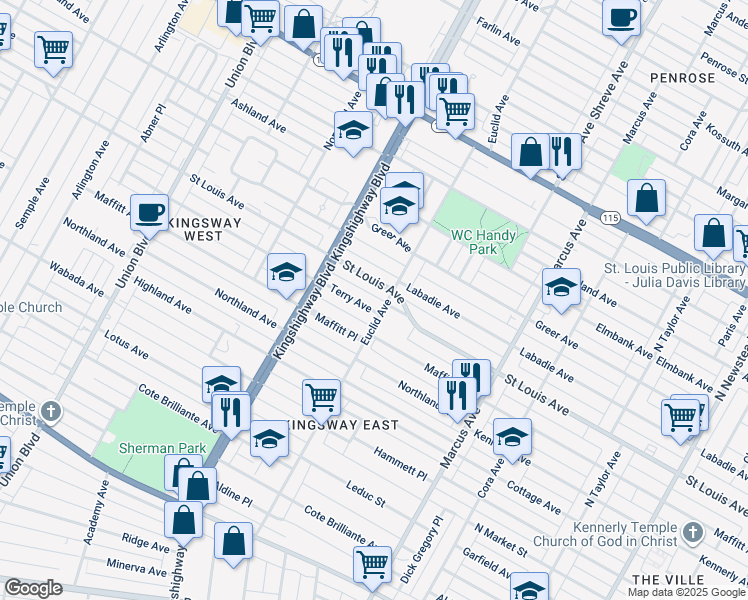 map of restaurants, bars, coffee shops, grocery stores, and more near 4913 Terry Avenue in St. Louis