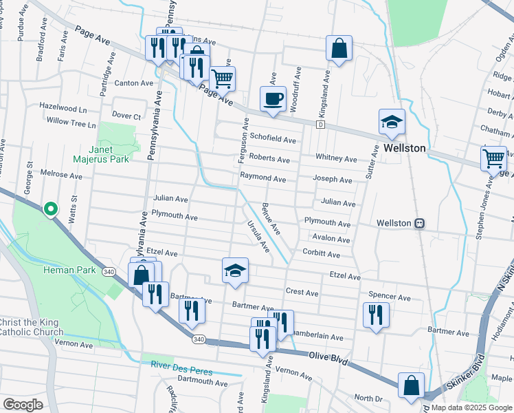 map of restaurants, bars, coffee shops, grocery stores, and more near 1186 Ursula Avenue in University City