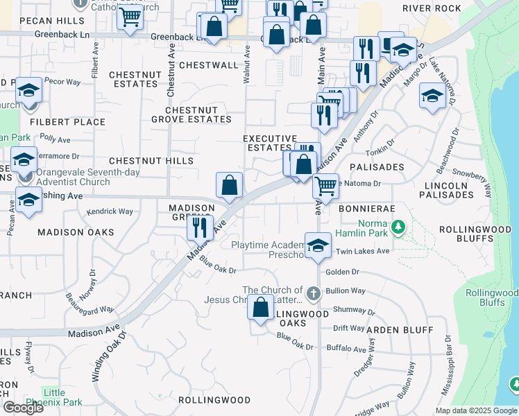 map of restaurants, bars, coffee shops, grocery stores, and more near 9324 Pershing Avenue in Orangevale