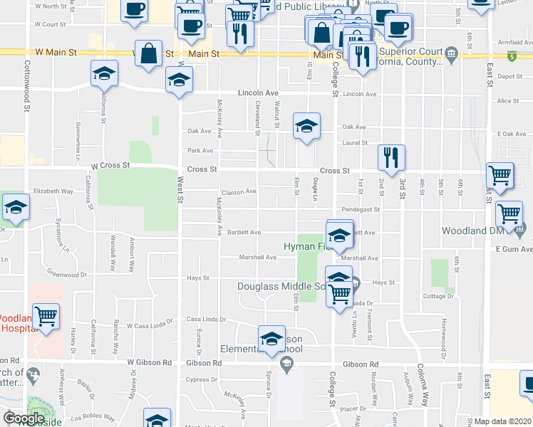 map of restaurants, bars, coffee shops, grocery stores, and more near 208 Pendegast Street in Woodland