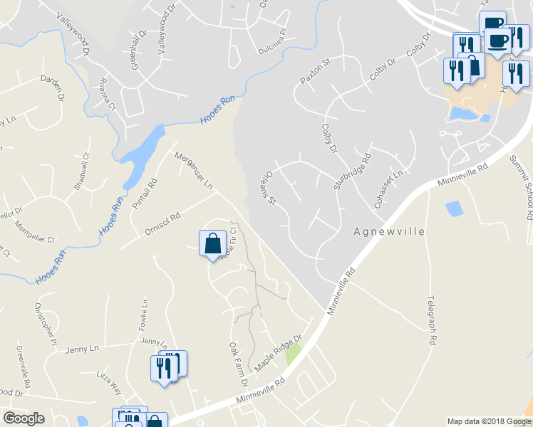 map of restaurants, bars, coffee shops, grocery stores, and more near 13014 Orleans Street in Woodbridge