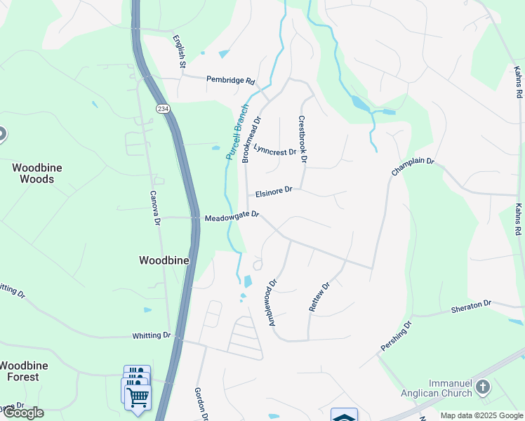 map of restaurants, bars, coffee shops, grocery stores, and more near 7864 Meadowgate Drive in Manassas