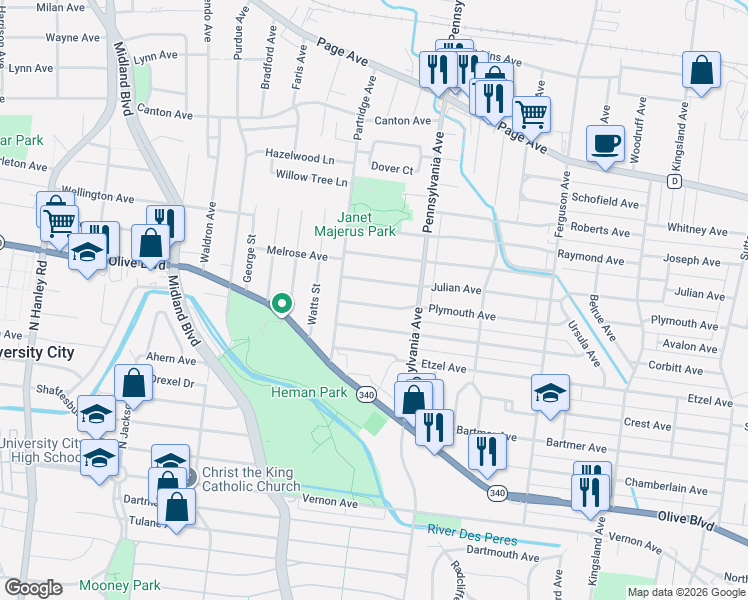 map of restaurants, bars, coffee shops, grocery stores, and more near 7055 Plymouth Avenue in University City