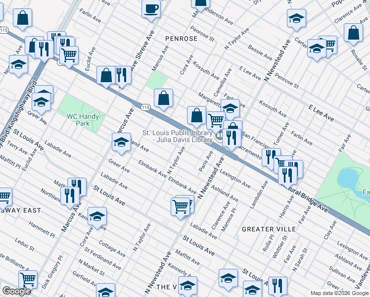 map of restaurants, bars, coffee shops, grocery stores, and more near 3602 North Taylor Avenue in St. Louis