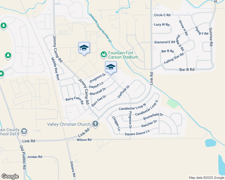 map of restaurants, bars, coffee shops, grocery stores, and more near 875 Barn Owl Drive in Fountain